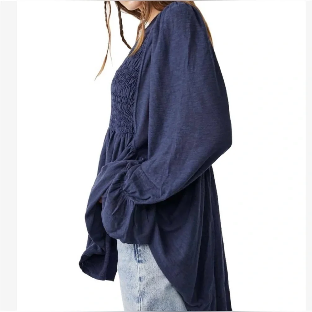 Free People Don’t Call Me Baby BoHo Smocked Button-Up Oversized Tunic Blouse Top